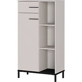Regalschrank Monaco, 3 Fächer, 2 Fachböden, 1 Schublade, 1 Tür mit Griffen, B 640 x T 340 x H 1200 mm, Holz/Metall, kaschmir/schwarz