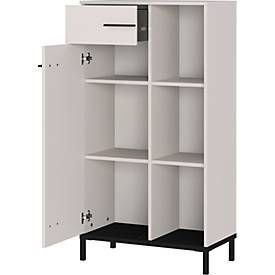 Regalschrank Monaco, 3 Fächer, 2 Fachböden, 1 Schublade, 1 Tür mit Griffen, B 640 x T 340 x H 1200 mm, Holz/Metall, kaschmir/schwarz