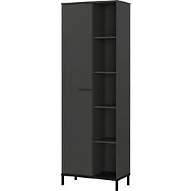 Regalschrank Monaco, 5 Fächer, 4 Fachböden, 1 Tür mit Griffen, B 640 x T 340 x H 1900 mm, Holz/Metall, graphit/schwarz