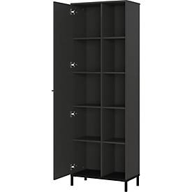 Regalschrank Monaco, 5 Fächer, 4 Fachböden, 1 Tür mit Griffen, B 640 x T 340 x H 1900 mm, Holz/Metall, graphit/schwarz