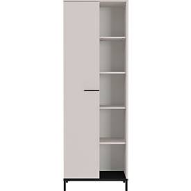Regalschrank Monaco, 5 Fächer, 4 Fachböden, 1 Tür mit Griffen, B 640 x T 340 x H 1900 mm, Holz/Metall, kaschmir/schwarz