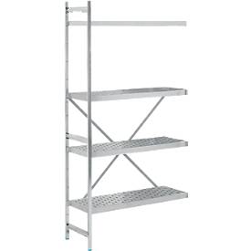 Regalsystem, Anbauregal, Edelstahl, gelochter Boden, H 2000 x B 875 x T 400 mm