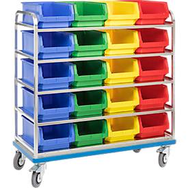 Regalwagen GMÖHLING G®-Rack E 2801, durchbrochen, bis 300 kg, 5 Etagen, für 20 Sichtlagerkästen