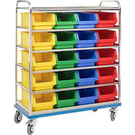 Regalwagen GMÖHLING G®-Rack E 2801, durchbrochen, bis 300 kg, 6 Etagen, für 24 Sichtlagerkästen