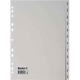 Register Biella, für DIN A4, 12-teilig, kalendarische Teilung Jan-Dez (dt.), blanko Taben, Universallochung, L 296 x B 226 mm, Polypropylen, grau