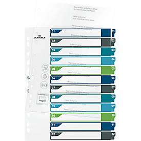Register Durable, 12-teilig, DIN A4+, Indexblatt, EDV-beschriftbares Register, mit farbigen Taben