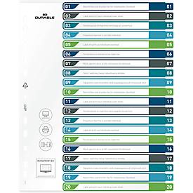 Register Durable, 20-teilig, DIN A4+, Indexblatt, EDV-beschriftbares Register, mit farbigen Taben
