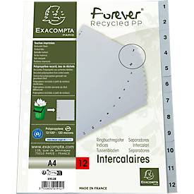 Register Exacompta 1912E, Format A4, Universallochung, Taben 1-12, B 225 x H 297 mm, Blauer Engel, Recycling-Kunststoff, grau