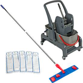 Reinigungswagen-Doppelfahreimer Komplettset, 16-tlg., 2 x 18 l Eimer, Mopppresse, Stiel, Halter & 10 Wischmopps