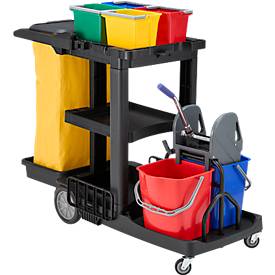 Reinigungswagen – L 1360 x T 570 x H 990 mm – 3 Etagen – 6 Eimer – abnehmbare Mopppresse – Platz für Müllbeutel – unsere Marke Schäfer Shop Select