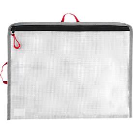 Reißverschlussbeutel FolderSys Bungee-Bag, A4, 0,20 mm, Kordel/Bordierband/Schlaufen, B 355 x H 275 mm, PVC-freie Folie, transparent-rot-grau-schwarz