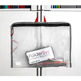 Reißverschlussbeutel FolderSys Bungee-Bag, A4, 0,20 mm, Kordel/Bordierband/Schlaufen, B 355 x H 275 mm, PVC-freie Folie, transparent-rot-grau-schwarz