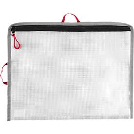 Reißverschlussbeutel FolderSys Bungee-Bag, A4, 0,20 mm, Kordel/Bordierband/Schlaufen, B 355 x H 275 mm, PVC-freie Folie, transparent-rot-grau-schwarz