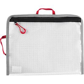 Reißverschlussbeutel FolderSys Bungee-Bag, A5, 0,20 mm, Kordel/Bordierband/Schlaufen, B 254 x H 200 mm, PVC-freie Folie, transparent-rot-grau-schwarz
