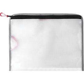 Reißverschlussbeutel FolderSys Bungee-Bag, A5, 0,20 mm, Kordel/Bordierband/Schlaufen, B 254 x H 200 mm, PVC-freie Folie, transparent-rot-grau-schwarz