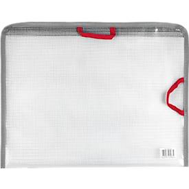 Reißverschlussbeutel FolderSys Bungee-Bag, A5, 0,20 mm, Kordel/Bordierband/Schlaufen, B 254 x H 200 mm, PVC-freie Folie, transparent-rot-grau-schwarz
