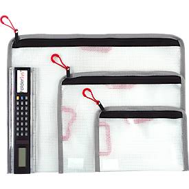 Reißverschlussbeutel FolderSys Bungee-Bag, A6, 0,20 mm, Kordel/Bordierband/Schlaufen, B 183 x H 128 mm, PVC-freie Folie, transparent-rot-grau-schwarz