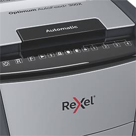 Rexel Aktenvernichter Optimum AutoFeed+ 300X, Vollautomatik, Partikelschnitt 4 x 25 mm, P-4, 60 l, 10-300 Blatt Schnittleistung, mit Lenkrollen, schwarz