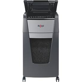 Rexel Aktenvernichter Optimum AutoFeed+ 300X, Vollautomatik, Partikelschnitt 4 x 25 mm, P-4, 60 l, 10-300 Blatt Schnittleistung, mit Lenkrollen, schwarz
