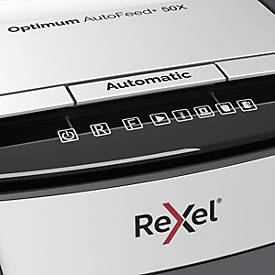 Rexel Optimum AutoFeed+ 50X Aktenvernichter P4, Vollautomatik, Partikelschnitt 4 x 28 mm, 20 l, 50 Blatt Schnittleistung, schwarz