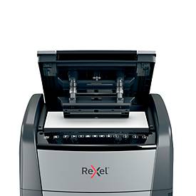 Rexel Optimum AutoFeed+ 750X Aktenvernichter P4, Vollautomatik, Partikelschnitt 4 x 30 mm, 140 l, 750 Blatt Schnittleistung, mit Rollen, schwarz