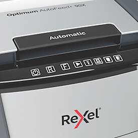 Rexel Optimum AutoFeed+ 90X Aktenvernichter, P4, Vollautomatik, Partikelschnitt 4 x 28 mm, 34 l, 90 Blatt Schnittleistung, schwarz