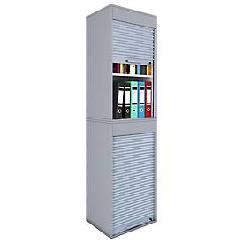 Rolladenschrank Aktos XL, 4 Ordnerhöhen, abschließbar, Bügelgriff, B 500 x T 400 x H 1860 mm, Holz, grau