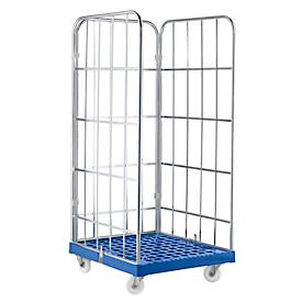 Rollbox, 3-seitig, Kunststoffbodenplatte, 724 x 815 x 1640 mm, dunkelblau (RAL 5010)
