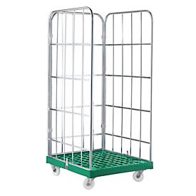 Rollbox, 3-seitig, Kunststoffbodenplatte, 724 x 815 x 1640 mm, grün (RAL 6024)