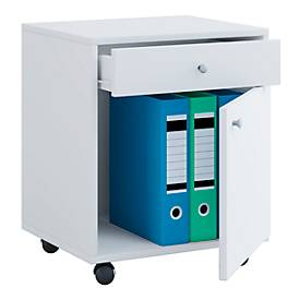 Rollcontainer, 1 Schubfach & 1 Türfach, B 450 x T 380 x H 540 mm, Spanplatte weiß mit Holzstruktur-Nachbildung