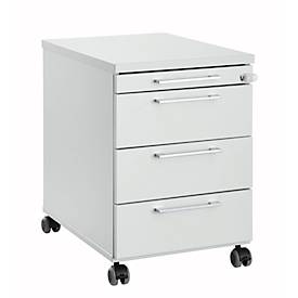 Rollcontainer 1333, 3 Schübe & 1 Utensilienauszug, abschließbar, eckige Griffe, Holz/Stahl/Kunststoff, B 434 x T 600 x H 613 mm, lichtgrau