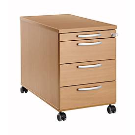 Rollcontainer 1333, 3 Schübe & 1 Utensilienauszug, abschließbar, runde Griffe, Holz/Stahl/Kunststoff, B 434 x T 600 x H 613 mm, Buche-Dekor