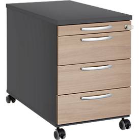 Rollcontainer 1333, 3 Schübe & 1 Utensilienauszug, abschließbar, runde Griffe, Holz/Stahl/Kunststoff, B 434 x T 600 x H 613 mm,graphit/Eiche