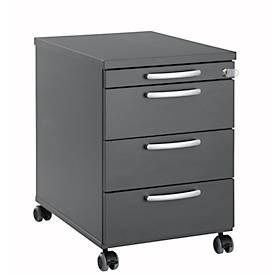 Rollcontainer 1333, 3 Schübe & 1 Utensilienauszug, abschließbar, runde Griffe, Holz/Stahl/Kunststoff, B 434 x T 600 x H 613 mm, graphit