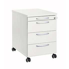 Rollcontainer 1333, 3 Schübe & 1 Utensilienauszug, abschließbar, runde Griffe, Holz/Stahl/Kunststoff, B 434 x T 600 x H 613 mm, weiß