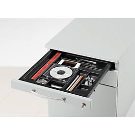Rollcontainer 1333, 3 Schübe & 1 Utensilienauszug, abschließbar, runde Griffe, Holz/Stahl/Kunststoff, B 434 x T 800 x H 613 mm, lichtgrau