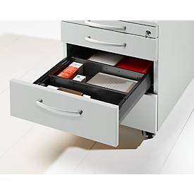 Rollcontainer 1333, 3 Schübe & 1 Utensilienauszug, abschließbar, runde Griffe, Holz/Stahl/Kunststoff, B 434 x T 800 x H 613 mm, lichtgrau