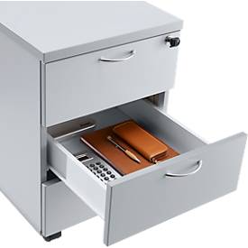 Rollcontainer 333, 3 Schübe, abschließbar, Metallgriffe, 4 Doppellenkrollen, B 404 x T 500 x H 590 mm, grau