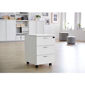 Rollcontainer 333, 3 Schübe, abschließbar, Metallgriffe, 4 Doppellenkrollen, B 404 x T 500 x H 590 mm, weiß