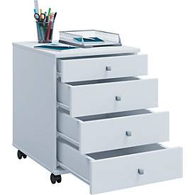 Rollcontainer, 4 Schubfächer mit Griffknopf, B 420 x T 500 x H 570 mm, Spanplatte, weiß