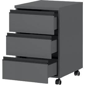Rollcontainer Aalborg, 3 Schubladen, je 10 kg Traglast, Teilauszug, Metallgriff, feststellbar, B 400 x T 500 x H 630 mm, graphit