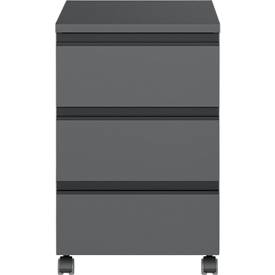 Rollcontainer Aalborg, 3 Schubladen, je 10 kg Traglast, Teilauszug, Metallgriff, feststellbar, B 400 x T 500 x H 630 mm, graphit