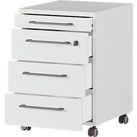 Rollcontainer Agenda, 4 Schubladen, B 420 x H 610 x T 490 mm, abschließbar, lichtgrau