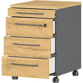 Rollcontainer Agenda Home, 3 Schubladen, Utensilienauszug, B 420 x T 490 x H 610 mm, Graphit/Eiche