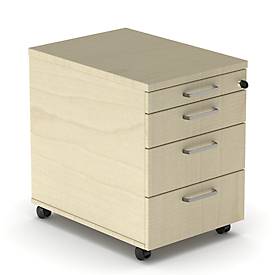Rollcontainer BEXXSTAR, 1 abschließbarer Utensilienauszug & 3 Schübe, B 430 x T 600 x H 600 mm, Ahorn-Dekor