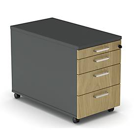 Rollcontainer BEXXSTAR, 1 abschließbarer Utensilienauszug & 3 Schübe, B 430 x T 800 x H 600 mm, dunkelgrau/Eiche-Dekor