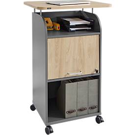 Rollcontainer BEXXSTAR, 2 Böden, 1 abschließbares Fach mit Griff, Top-Platte, Lenkrollen, B 700 x T 630 x H 1130 mm, Holz, Eiche-Dekor/dunkelgrau