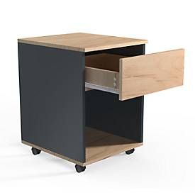 Rollcontainer Dalosa, 1 griffloser Schub & 1 Fach, B 390 x T 450 x H 550 mm, Holz, anthrazit/Honig-Eiche