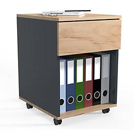 Rollcontainer Dalosa, 1 griffloser Schub & 1 Fach, B 390 x T 450 x H 550 mm, Holz, anthrazit/Honig-Eiche