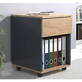 Rollcontainer Dalosa, 1 griffloser Schub & 1 Fach, B 390 x T 450 x H 550 mm, Holz, anthrazit/Honig-Eiche